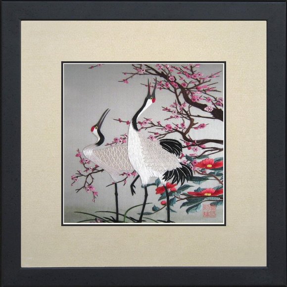 100% Handmade Embroidery Framed Red Crowned Japanese Cranes & Cherry Blossoms